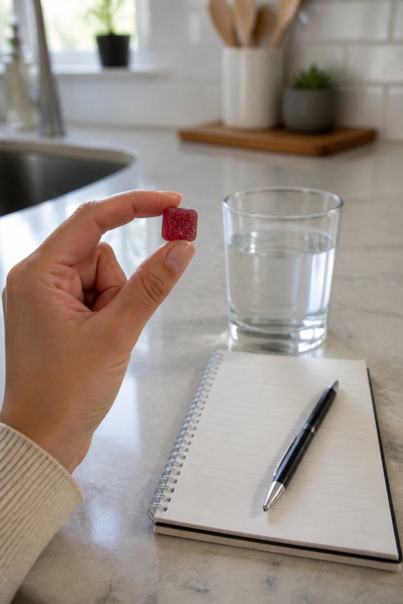 Close-up of a person's hand holding a single low-dose THC gummy next to a glass of water on a kitchen counter, with a small notebook and pen nearby for tracking dosage