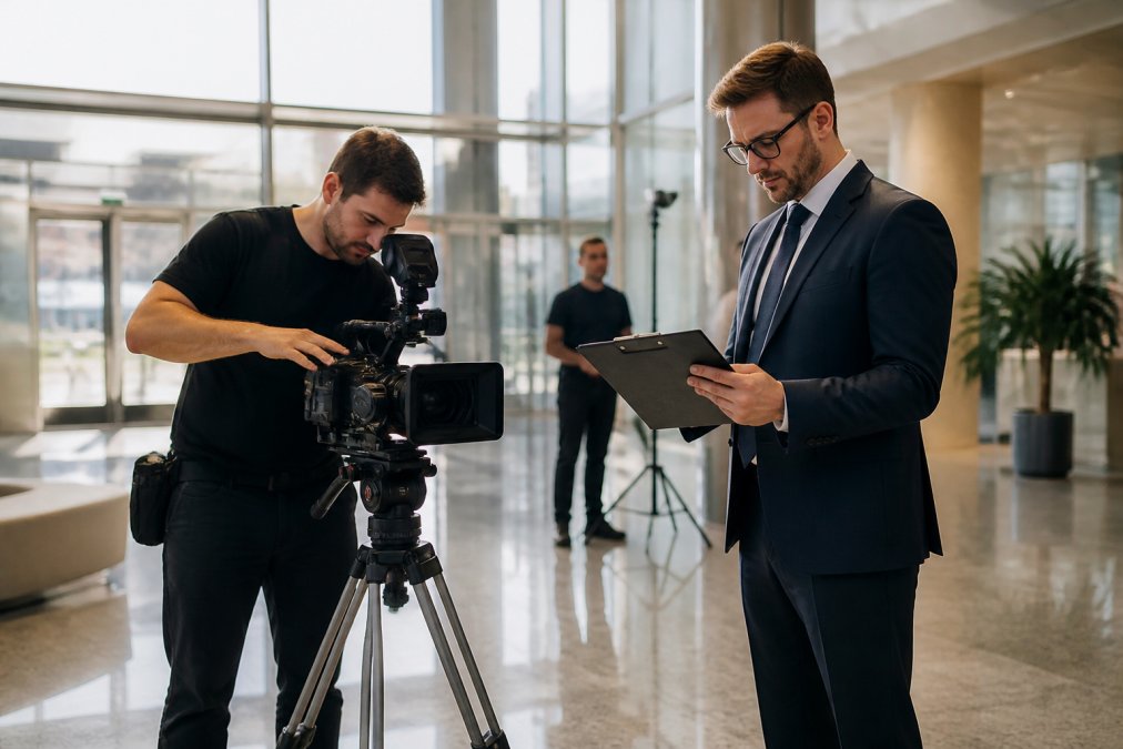 Production crew filming an executive in a lobby as an enlightened pictures alternative for corporate projects.