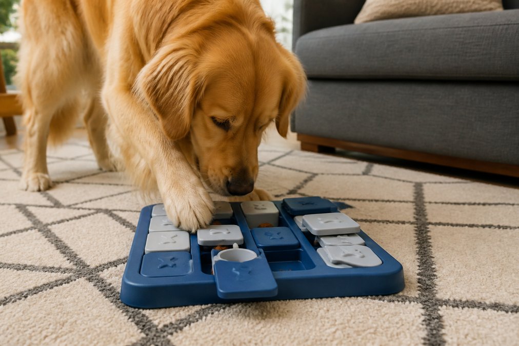 Golden Retriever actively engaging with a puzzle toy on a living room floor, nose and paws working at the puzzle while treats are visible inside