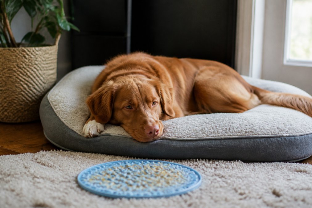 Calm dog resting on a comfortable bed with a lick mat nearby, showing relaxed body language and peaceful settling after playtime