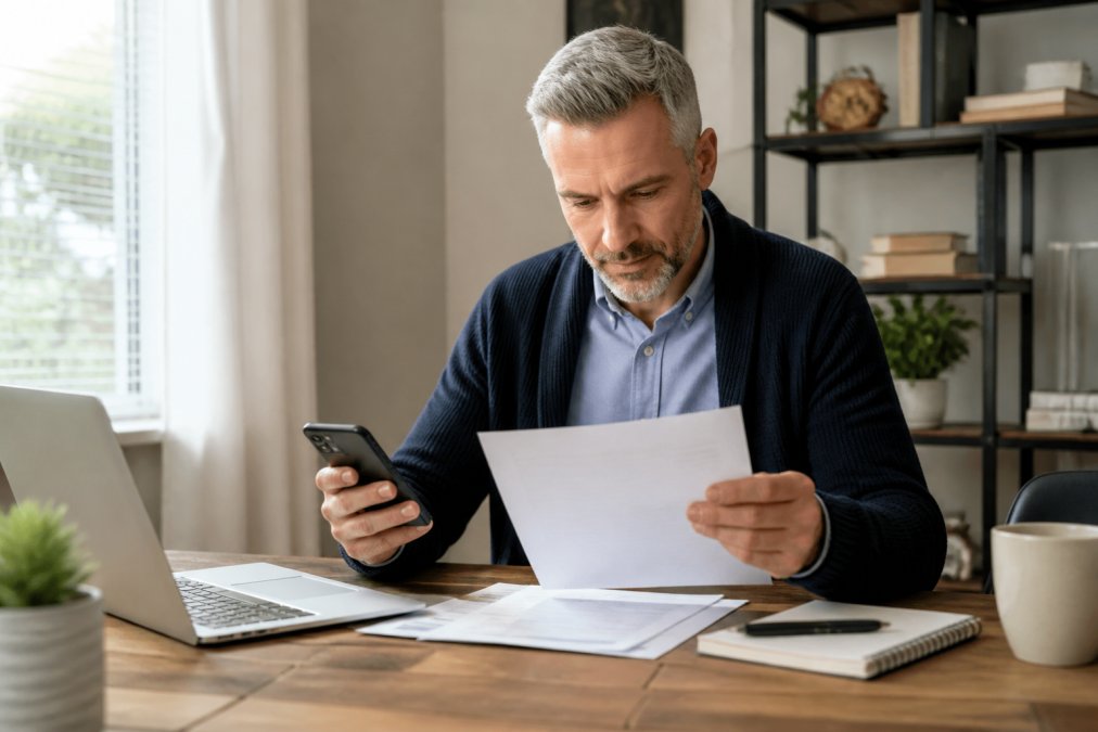 Professional in business casual attire sitting at a desk with a laptop and phone, reviewing Medicare enrollment documents with a focused expression
