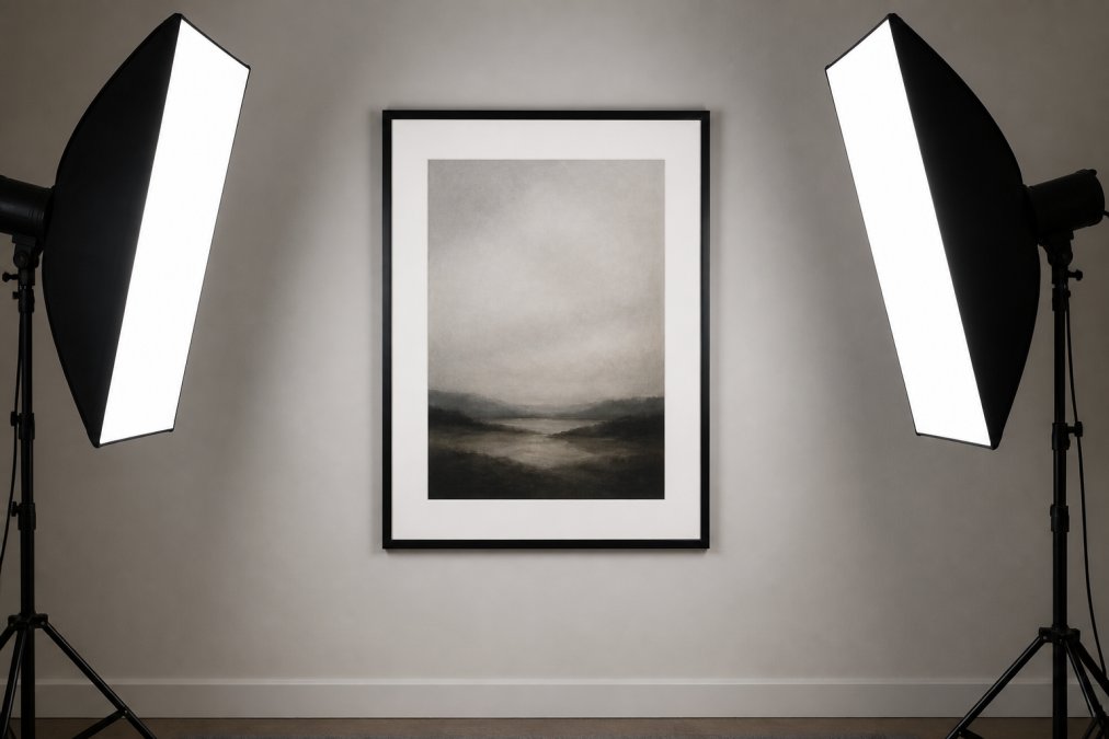 Framed artwork illuminated by two softbox lights positioned at 45-degree angles on either side, showing even, shadowless lighting across the entire print surface