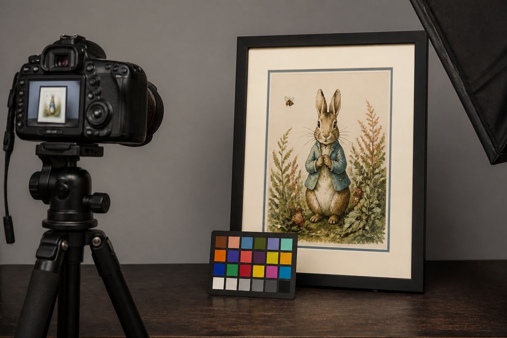 Color checker card positioned next to a framed character-inspired artwork during photography, with neutral gray background and professional lighting setup visible