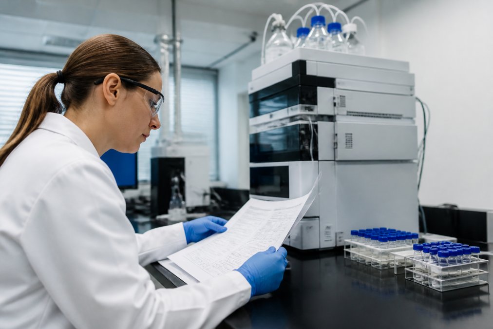 A laboratory scientist in a white coat reviewing printed Certificate of Analysis documents at a clean lab bench, with HPLC instrumentation and sample vials visible in the background under bright overhead lighting