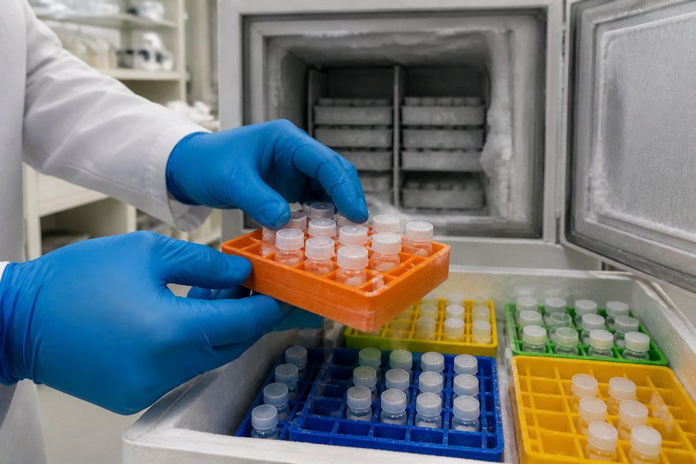 Close-up of gloved hands carefully placing labeled lyophilized peptide vials into color-coded freezer storage racks inside a research laboratory, with a cryogenic freezer open in the background