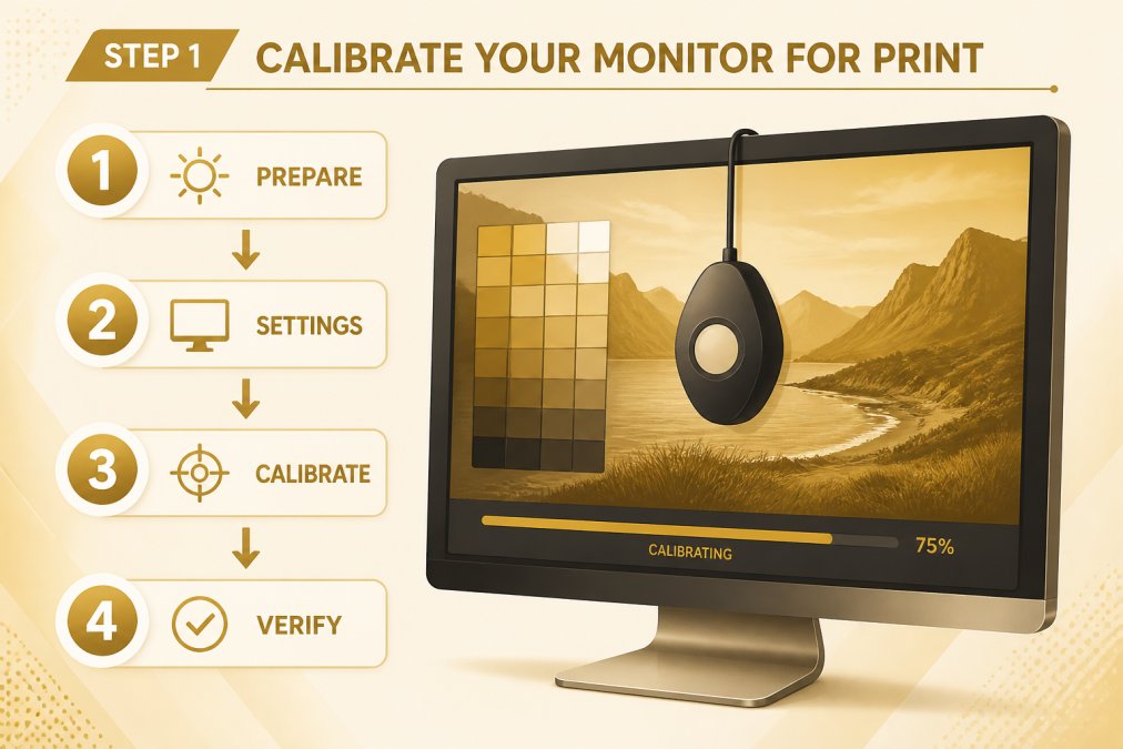 Close-up of a desktop monitor displaying a colour reference image with a calibration device positioned in front of the screen, showing the calibration process in action