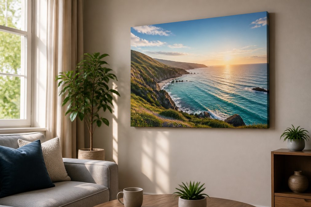 A canvas print hanging on a living room wall with natural daylight from a window illuminating it, showing how lighting conditions affect perceived colour on canvas
