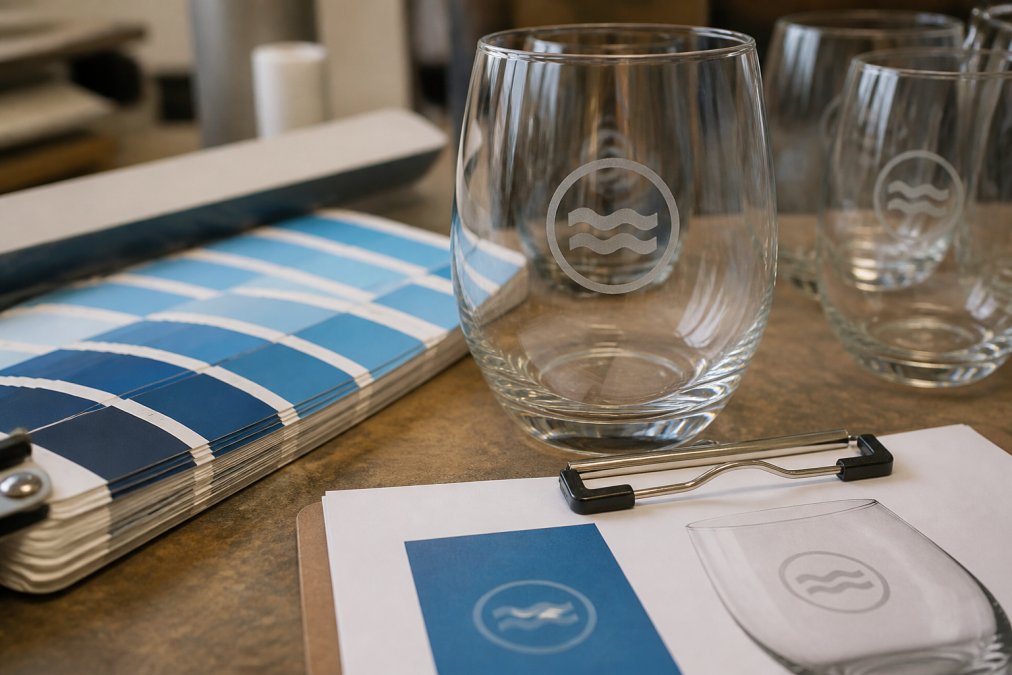 Close-up of branded glassware with a logo positioned next to a Pantone colour swatch and design approval document on a workbench under bright studio lighting
