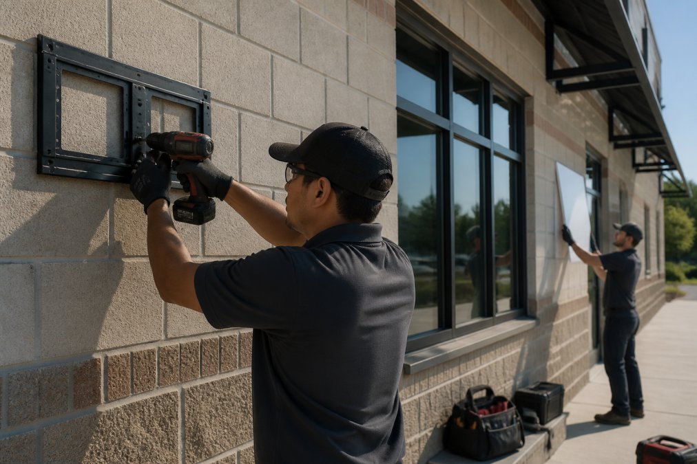 Installation technician mounting identical digital display screen on commercial building exterior, securing hardware brackets with drill, second technician holding mounting template in background on sunny day