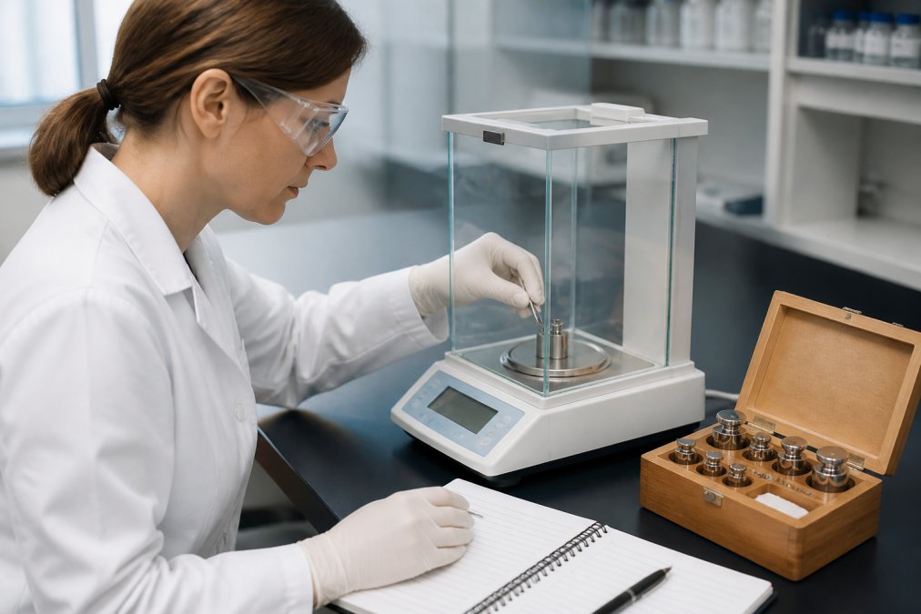 Technician calibrating an analytical balance to ensure experimental repeatability in a clean laboratory.