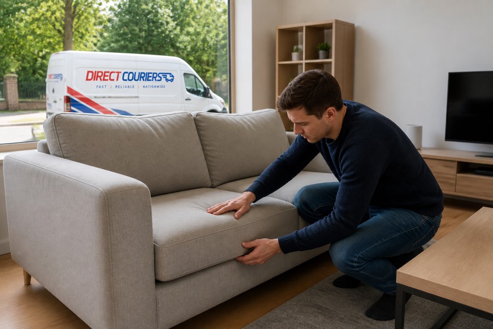 A person inspecting the upholstery of a new sofa during a furniture delivery in a bright, modern living room.