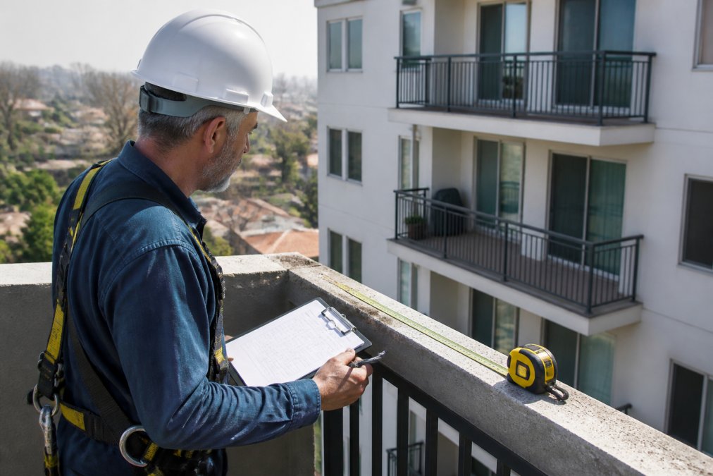 Licensed inspector in safety harness examining residential balcony with measuring tools and documentation clipboard, natural outdoor lighting, modern apartment building in background