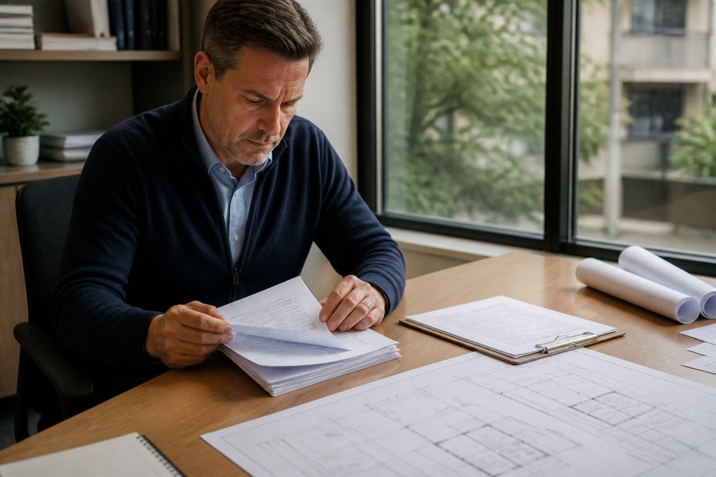 Property manager reviewing detailed inspection report documents at desk with building architectural plans and clipboard visible, natural office lighting, professional workspace setting