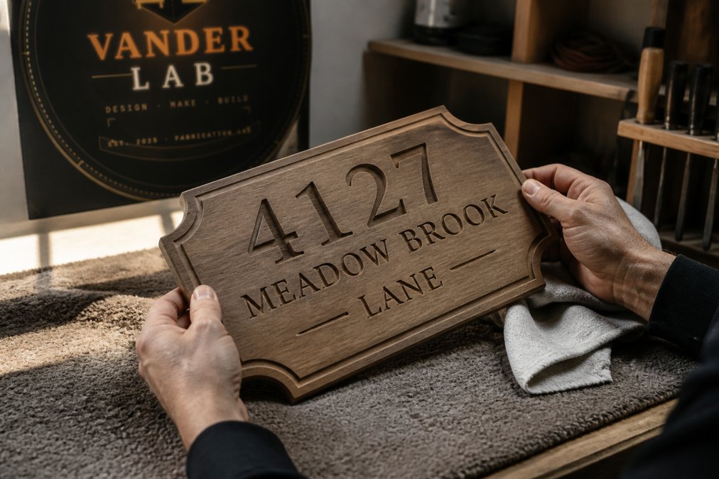 Close-up of hands examining a custom-engraved wooden address sign, showing fine detail work and hand-finishing techniques with natural workshop lighting