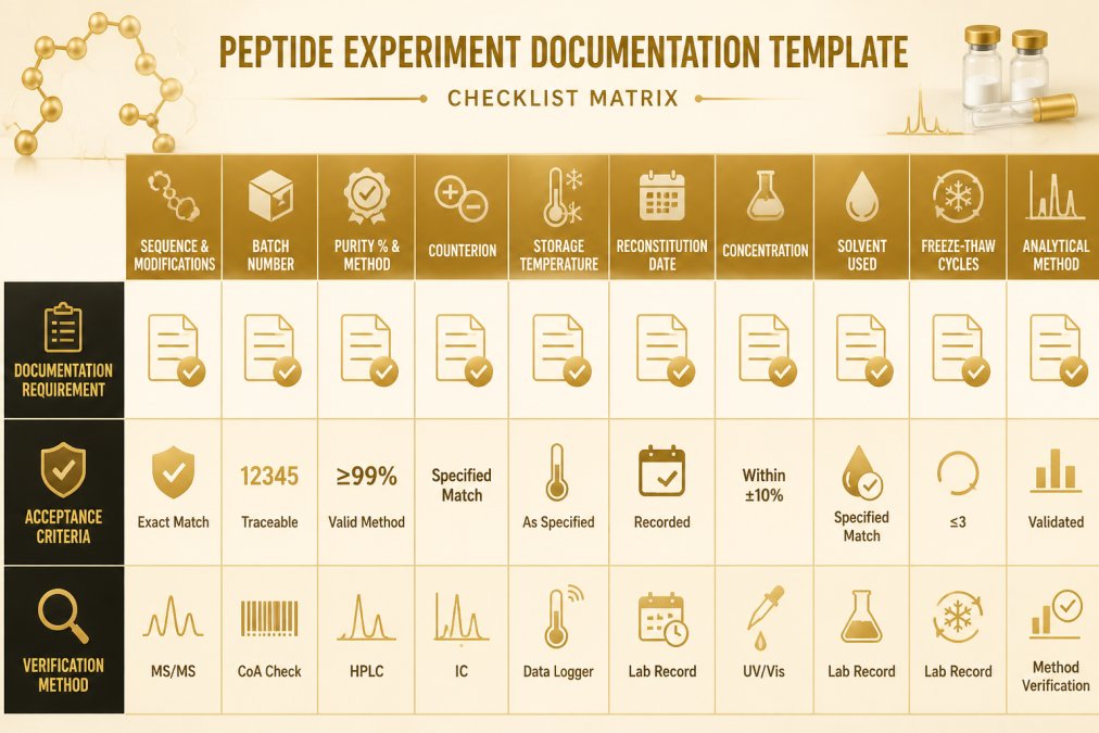 Ensure Reproducibility in Peptide Studies: A Complete Guide Checklist matrix showing documentation fields: sequence and modifications, batch number, purity percentage and method, counterion, storage temperature, reconstitution date, concentration, solvent used, freeze-thaw cycles, analytical method. Rows show documentation requirement, acceptance criteria, and verification method.