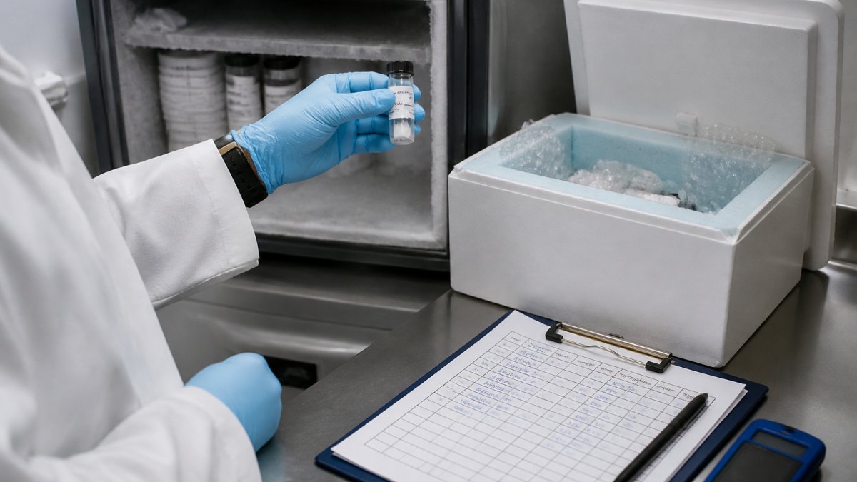 Researcher handling a lyophilized peptide vial from a freezer to ensure batch consistency during storage
