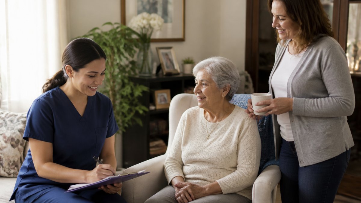 A home caregiver in a bright living room writing notes on a clipboard next to an elderly woman seated in a comfortable armchair, with a family member standing nearby holding a coffee mug