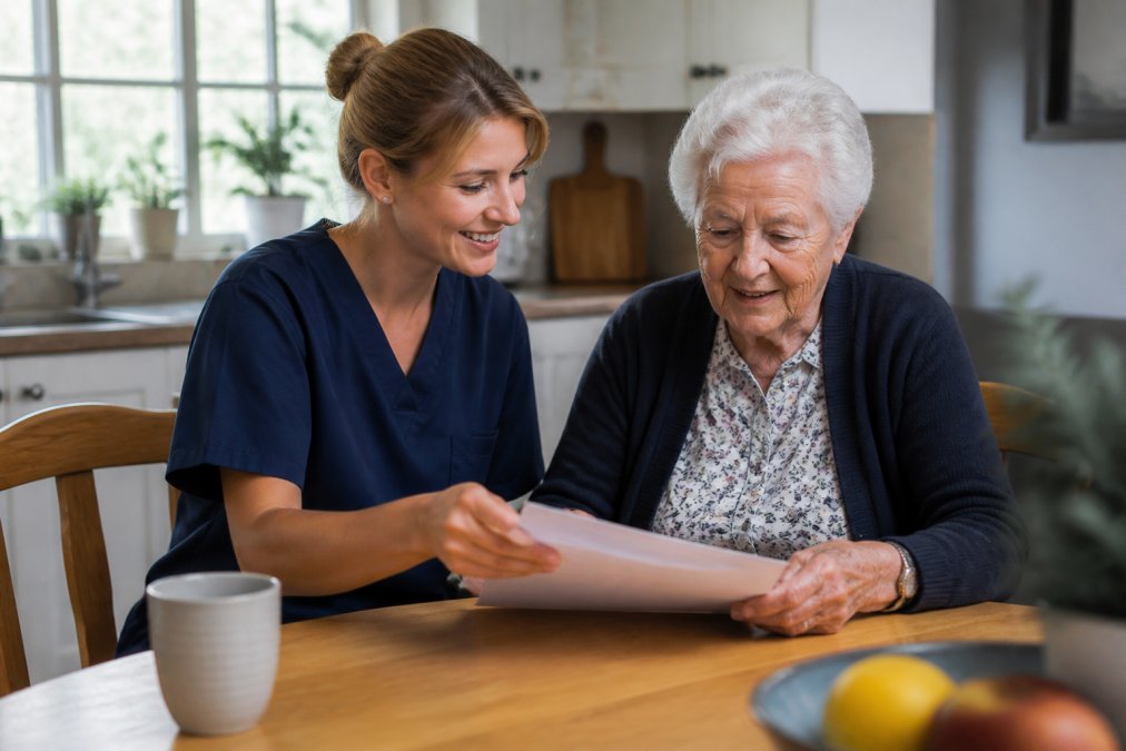 Caregiver sitting with a senior at a kitchen table, reviewing a care plan document together with warm, engaged body language and natural home lighting