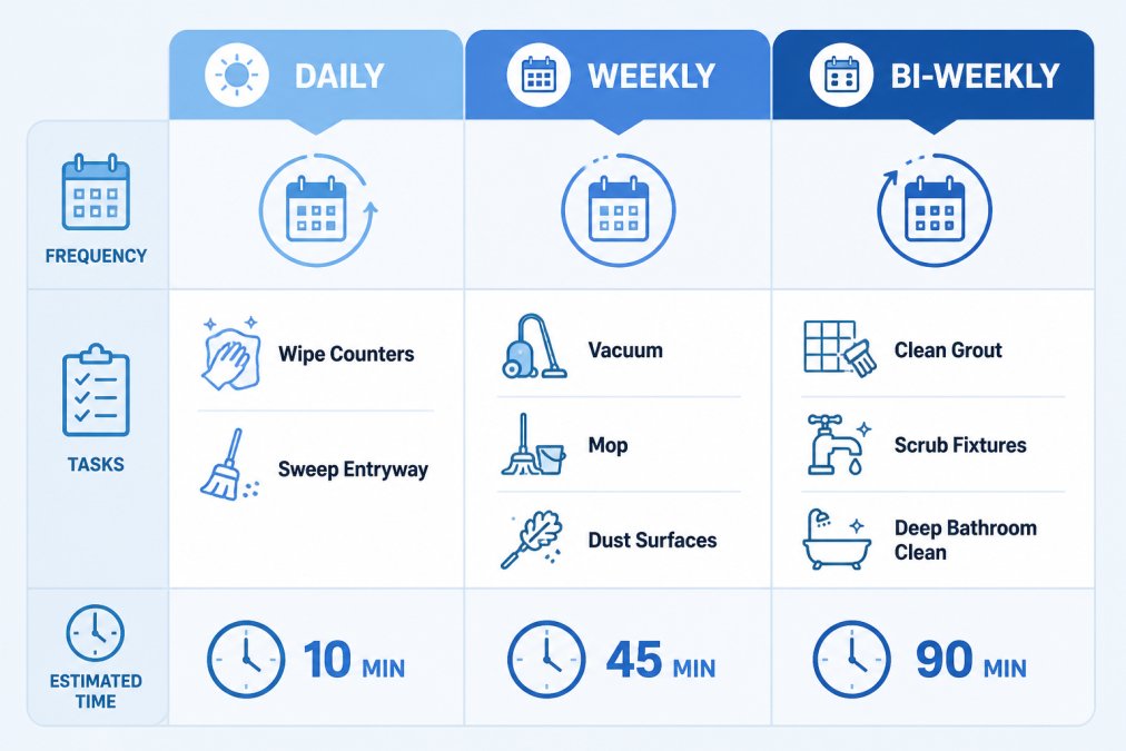 Comparison matrix showing daily tasks (wipe counters, sweep entryway, 10 min), weekly tasks (vacuum, mop, dust surfaces, 45 min), and bi-weekly tasks (clean grout, scrub fixtures, deep bathroom clean, 90 min) with frequency and estimated time