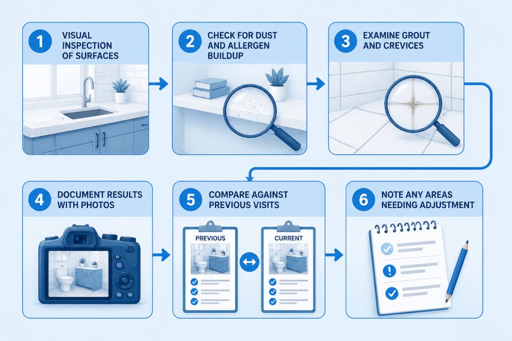 Flowchart showing evaluation steps: visual inspection of surfaces → check for dust and allergen buildup → examine grout and crevices → document results with photos → compare against previous visits → note any areas needing adjustment