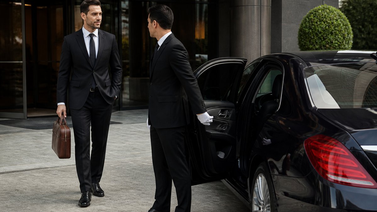 Professional chauffeur opening the door of a luxury sedan for a business executive in a formal suit, showing attentive service and proper demeanor outside an upscale office building entrance