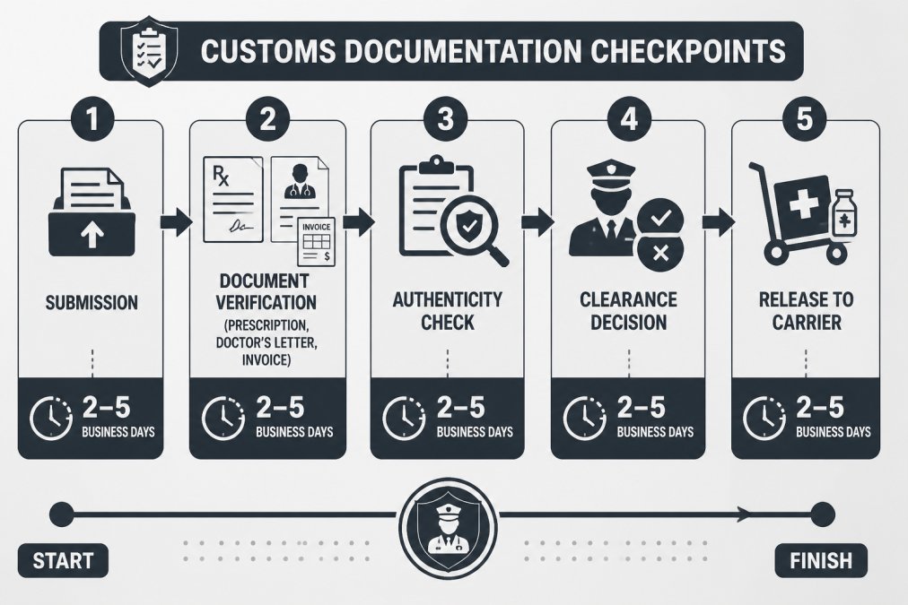 Flowchart showing documentation requirements at each customs checkpoint: Submission → Document verification (prescription, doctor's letter, invoice) → Authenticity check → Clearance decision → Release to carrier, with typical processing time of 2-5 business days at each stage