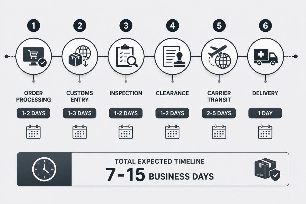 Timeline diagram showing 6-stage pharmaceutical shipment journey with typical timeframes: Order processing 1-2 days, Customs entry 1-3 days, Inspection 1-2 days, Clearance 1-2 days, Carrier transit 2-5 days, Delivery 1 day, with total expected timeline of 7-15 business days