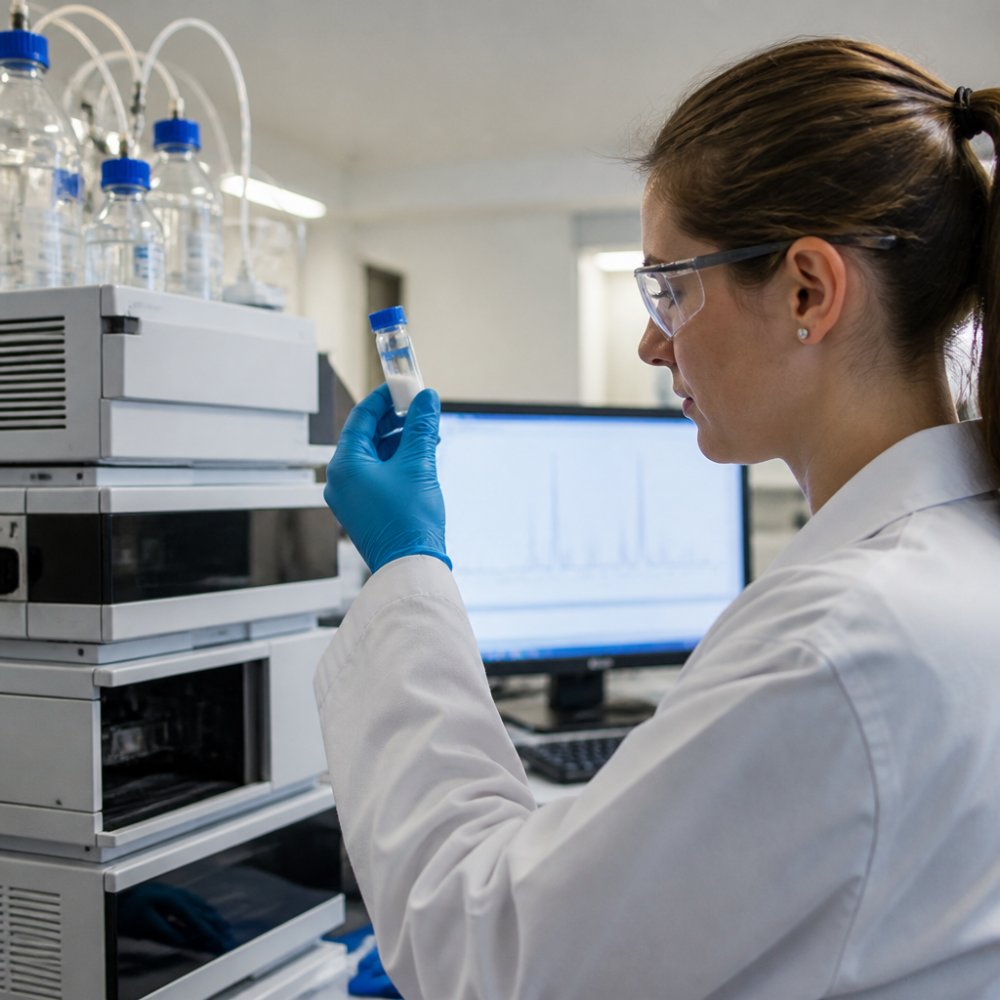 A scientist in a laboratory setting examining a vial of lyophilized peptide powder next to an HPLC instrument, with a computer screen showing chromatographic data in the background