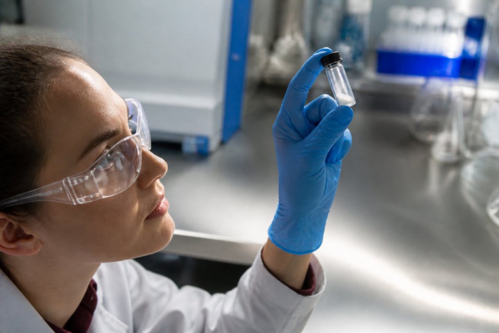 Close-up of a laboratory technician in blue nitrile gloves holding a small glass peptide vial up to a bright light, inspecting the white lyophilized powder inside, stainless steel benchtop in soft focus behind