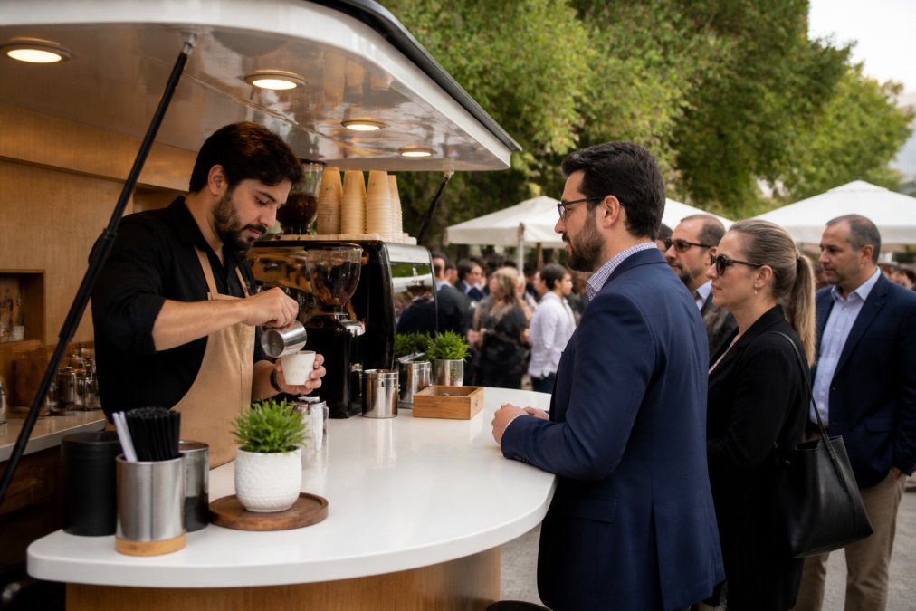 Professional barista preparing specialty coffee drinks at a mobile espresso cart during a crowded event, with guests waiting in line and receiving personalized beverages