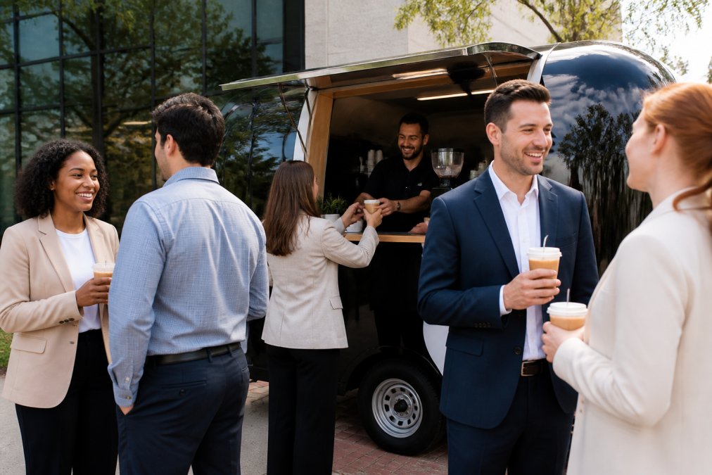 Guests receiving custom coffee drinks from a branded mobile espresso bar at an outdoor corporate gathering, with attendees smiling and holding beverages while networking, natural daylight illuminating the scene
