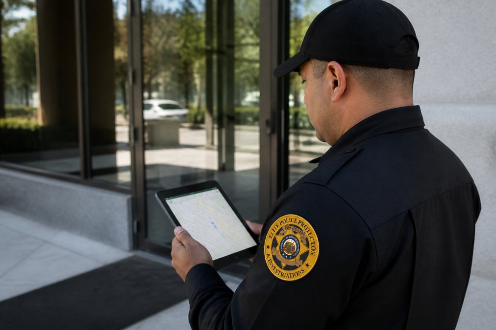 A security guard in a professional uniform holding a mobile tablet at a commercial building entrance, with a GPS map interface visible on the screen, verifying his location during clock-in