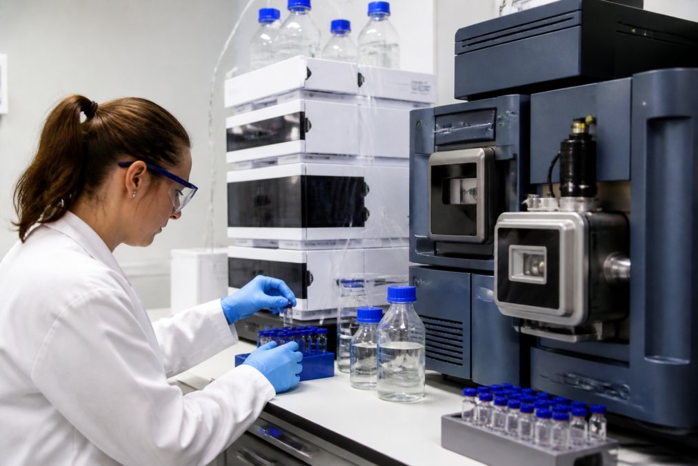 Researcher in laboratory setting examining peptide chromatography data on a computer screen whilst working with LC-MS/MS equipment, with sample vials and analytical instruments visible on the bench under bright laboratory lighting