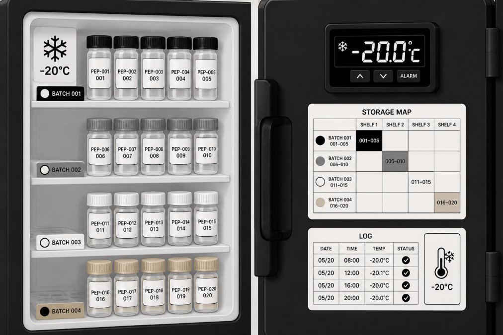 Close-up of properly labelled and colour-coded peptide vials arranged in a temperature-controlled -20°C freezer unit with a digital thermometer and storage documentation visible on the freezer door, showing organised sample management