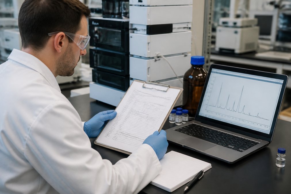 A scientist in a lab coat examining a certificate of analysis on a clipboard next to a laptop displaying HPLC chromatogram peaks, with lab equipment in the background