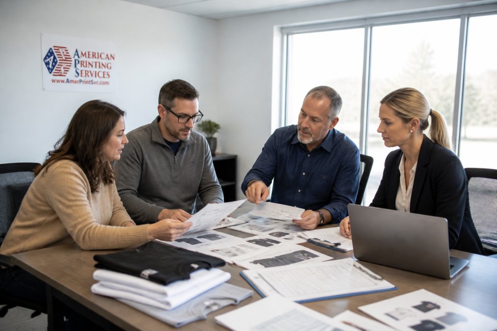 Business professionals in a modern conference room reviewing printed order samples and production schedules on a table, with laptops and documents visible, natural window lighting
