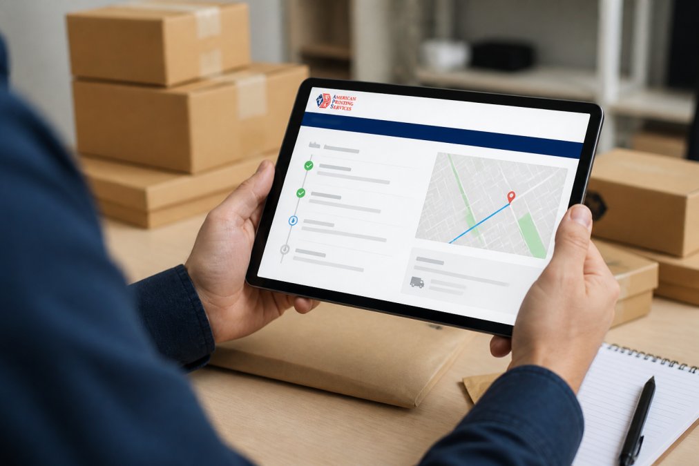 Close-up of hands holding a tablet displaying an order tracking dashboard with shipment status, delivery timeline, and location map information on the screen