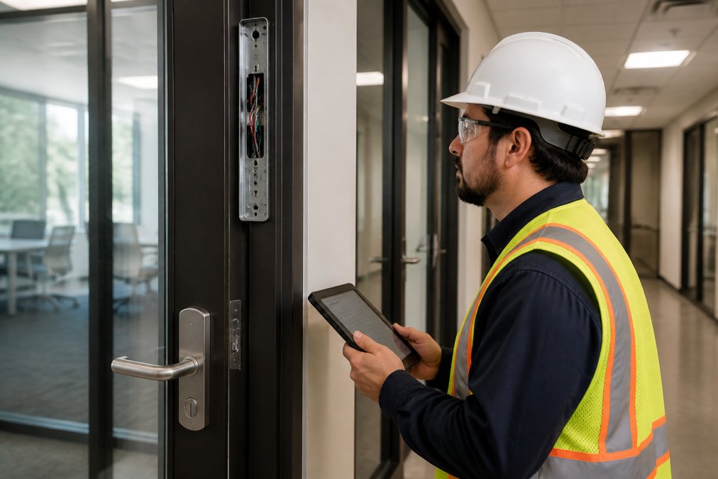 A security integrator in a hard hat and safety vest examining a commercial door frame with a tablet, checking wiring and hardware placement in a modern office building corridor