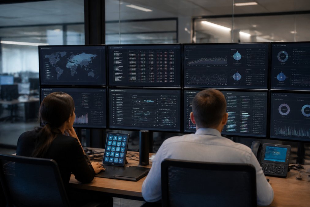 Security team of enterprise professionals in a modern command center reviewing agent deployment dashboards on large monitors in a tech-forward office environment with multiple screens displaying real-time security data