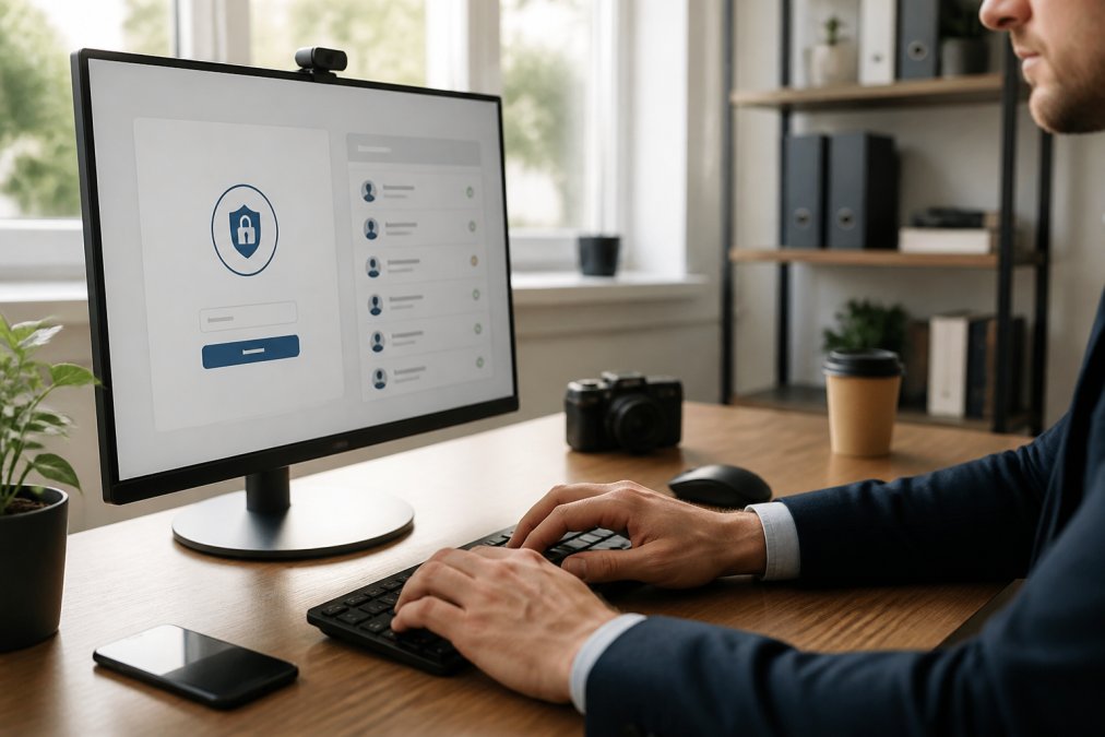 Close-up of hands on keyboard with security verification interfaces and authentication dashboards displayed on a monitor in a professional office setting with natural window lighting