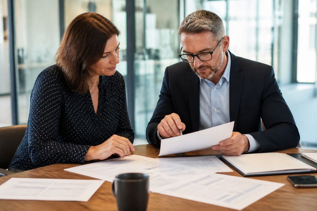 Security architect and compliance officer examining risk assessment documents and authorization protocols at a conference table in a modern corporate office with natural lighting