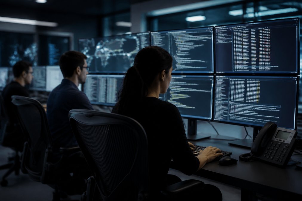 Security team monitoring AI agent execution on multiple screens in a modern SOC environment, with dashboards showing real-time agent activity and authorization logs, tactical lighting highlighting the intensity of the monitoring station