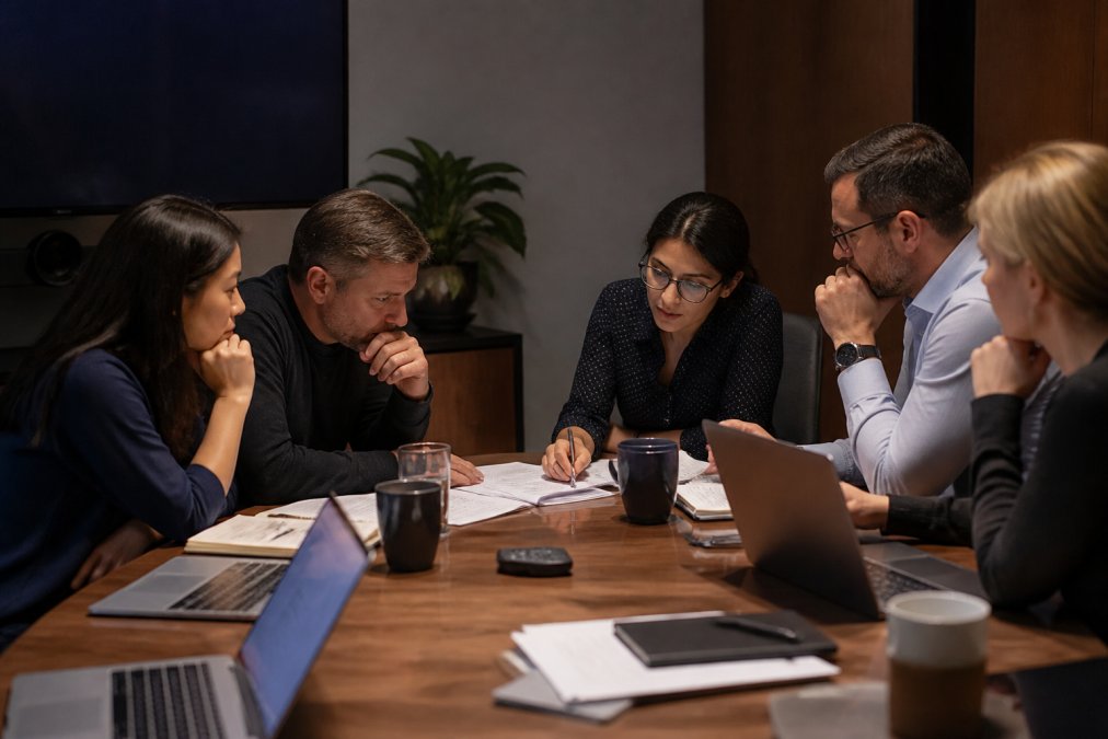 Enterprise security professionals collaborating around a conference table, reviewing incident response playbooks and agent audit trails on laptops and large displays, with focused concentration visible in the warm office lighting