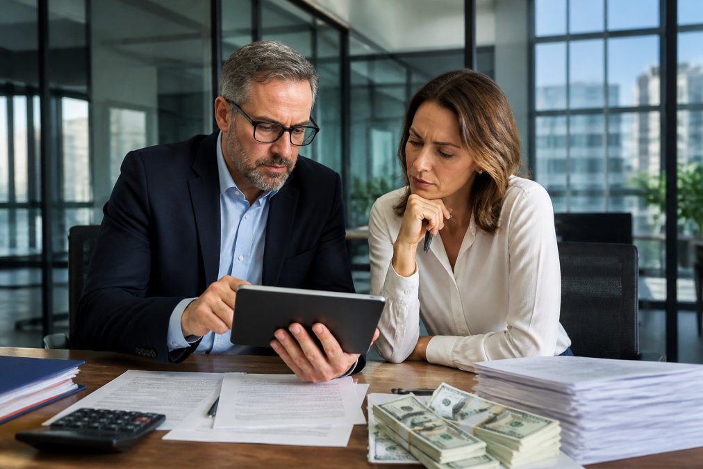 A security architect and a CFO reviewing a tablet displaying cost metrics in a modern glass-walled office, natural daylight streaming through the windows