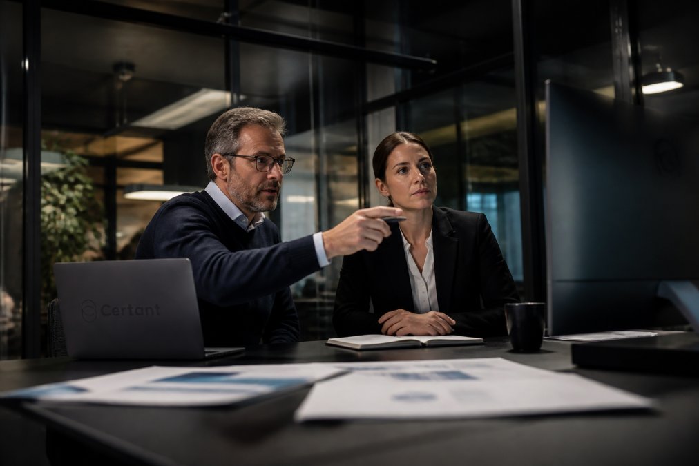 A compliance officer and IT director reviewing a project timeline on a large monitor in a modern glass-walled meeting room, printed documents and a laptop on the table