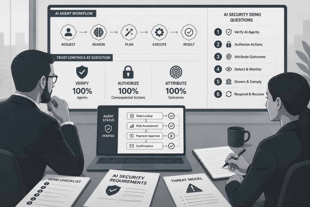 Security architect and CTO reviewing AI agent workflows on a laptop screen during a vendor demo meeting in a modern office conference room, with notepads and security documentation visible on the table