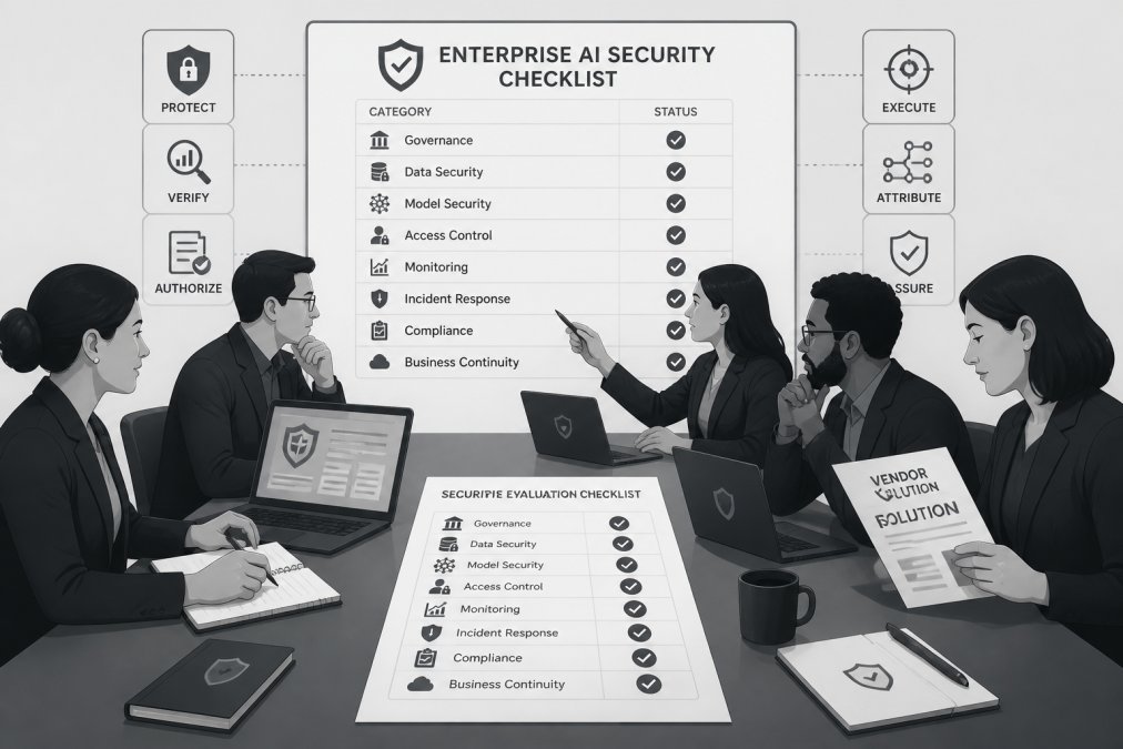 Risk management and security team collaborating at a conference table with printed security evaluation checklist, notebooks, and laptops open to review vendor solution documentation