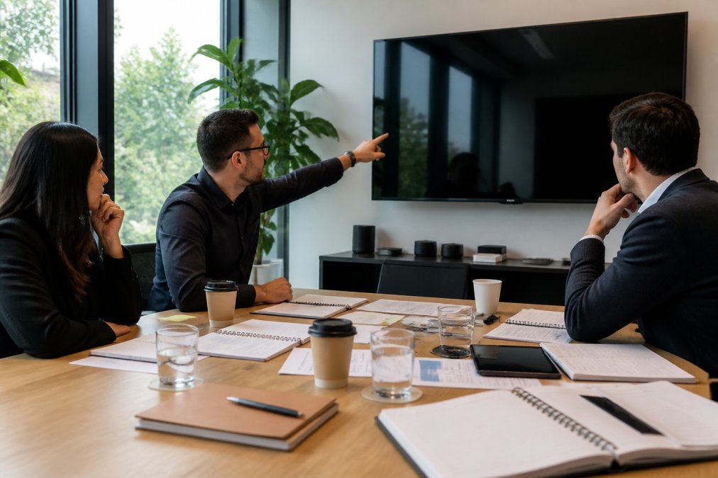 Security team members in a modern conference room reviewing threat models on a large monitor, with risk assessment notebooks and architectural diagrams spread across the table, natural daylight from windows