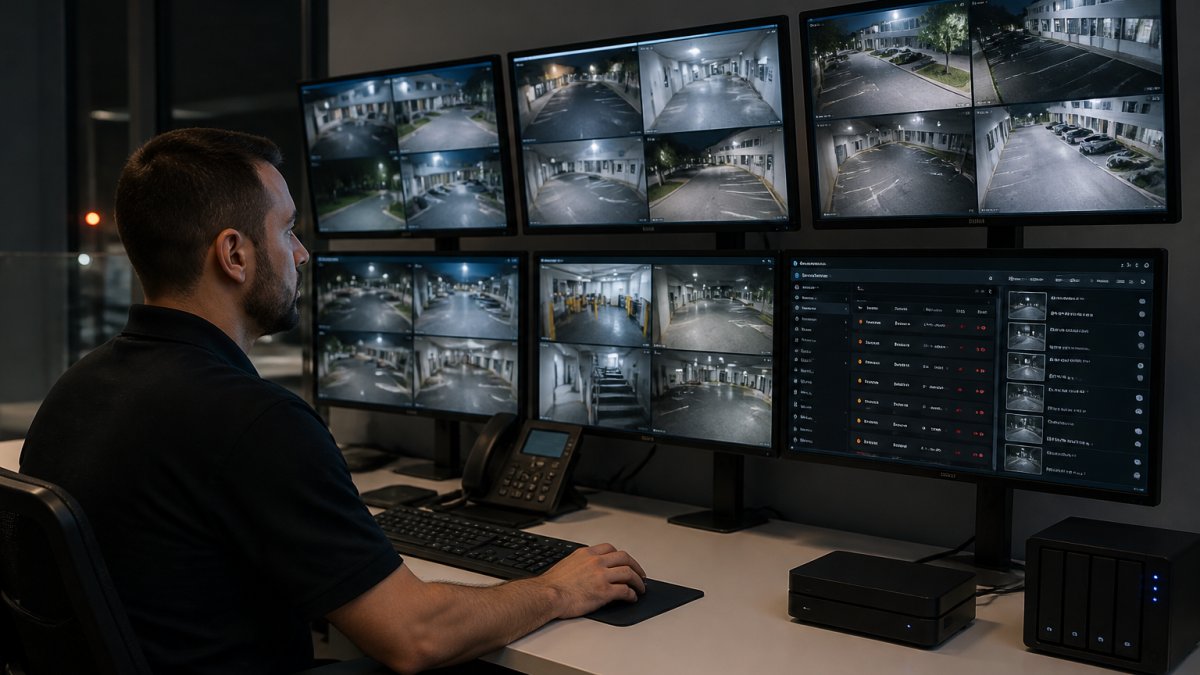 Analyst monitoring enterprise AI security dashboards in a night operations center to track system alerts
