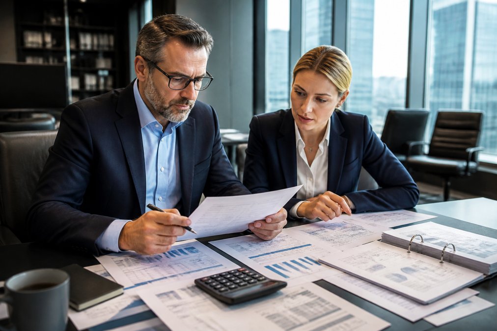 CISO and IT director reviewing security metrics and financial data on a large monitor in a modern corporate office, with documents, calculators, and risk assessment reports visible on the desk, natural office lighting
